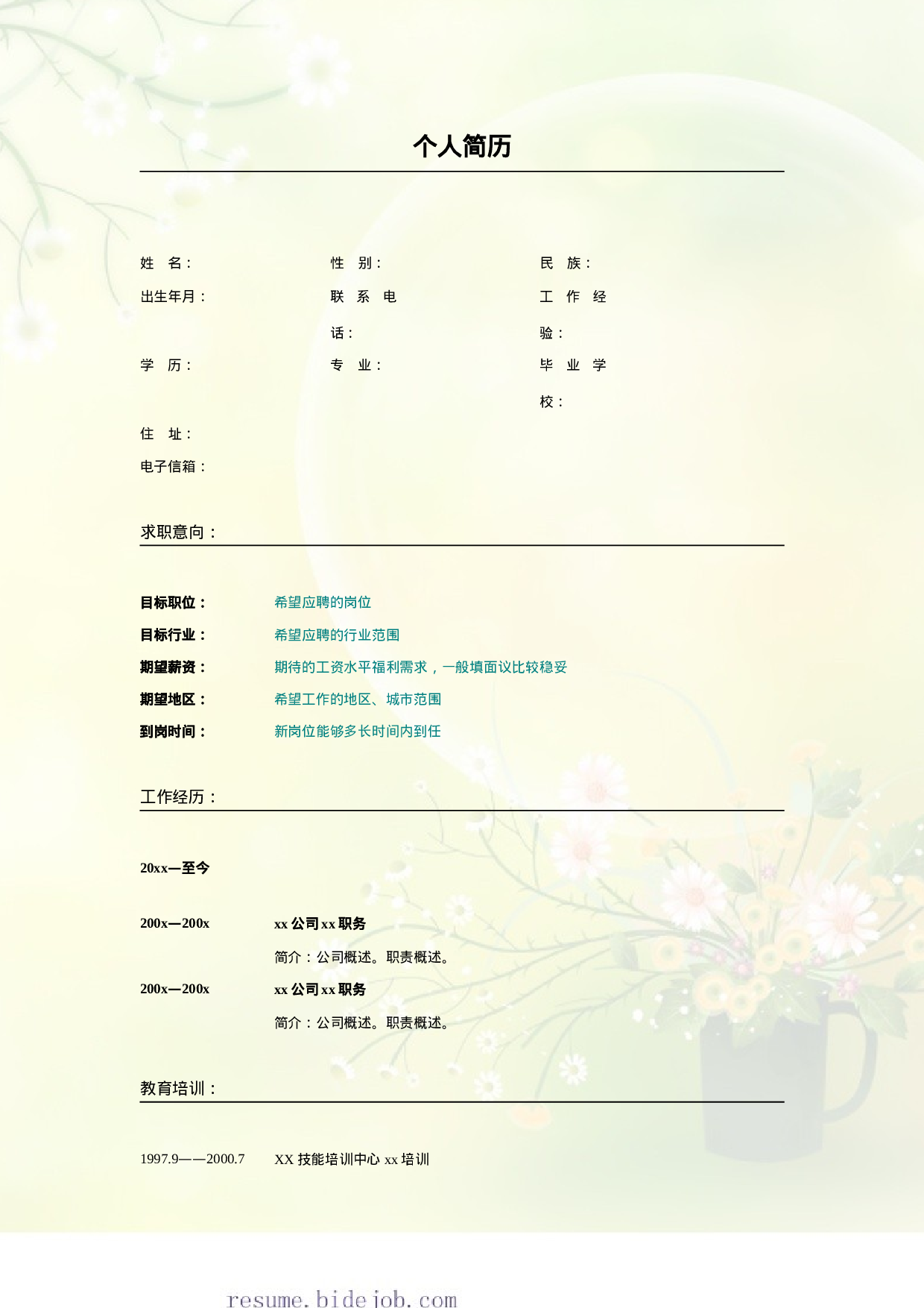 013.黄绿雏菊_表格式_适用于应届生_2页式_无内容_无封面.doc 第1页