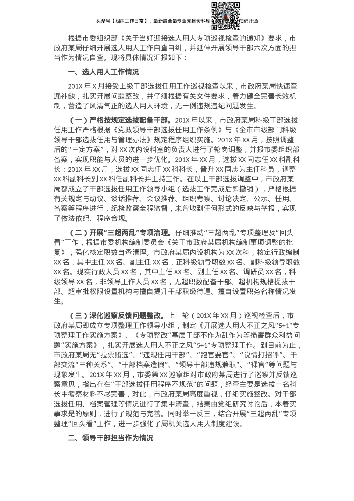 X局关于选人用人巡视检查及领导干部担当作为情况自查汇报.docx 第1页