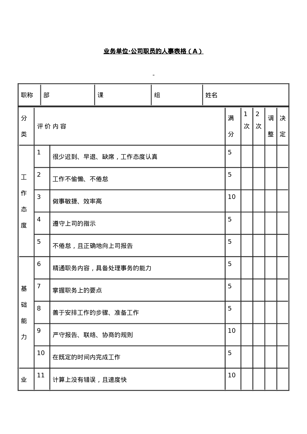 业务单位_公司职员的人事表格（A）.docx 第1页