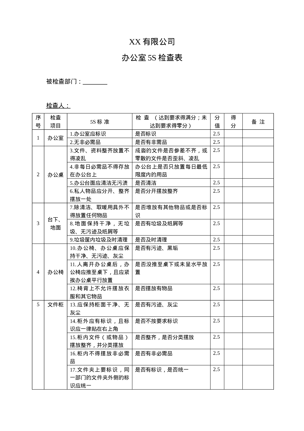 03-办公室5S检查表模板.doc 第1页