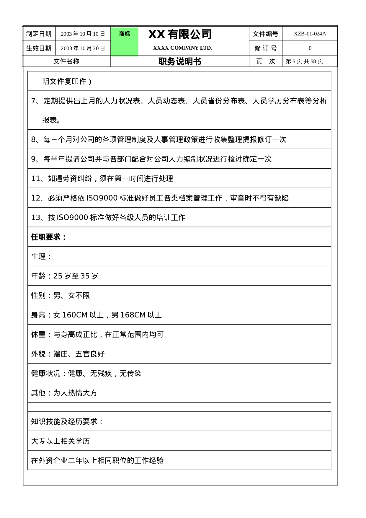 行政人事部职务说明书.doc 第5页