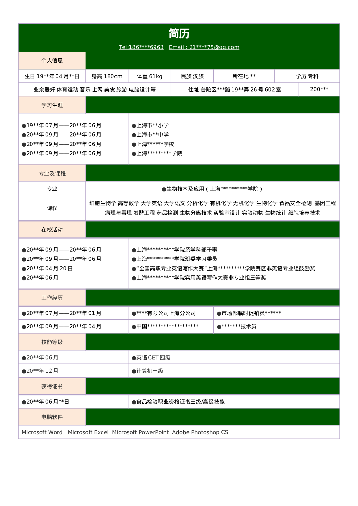 简历生物技术及应用专业432.doc 第1页