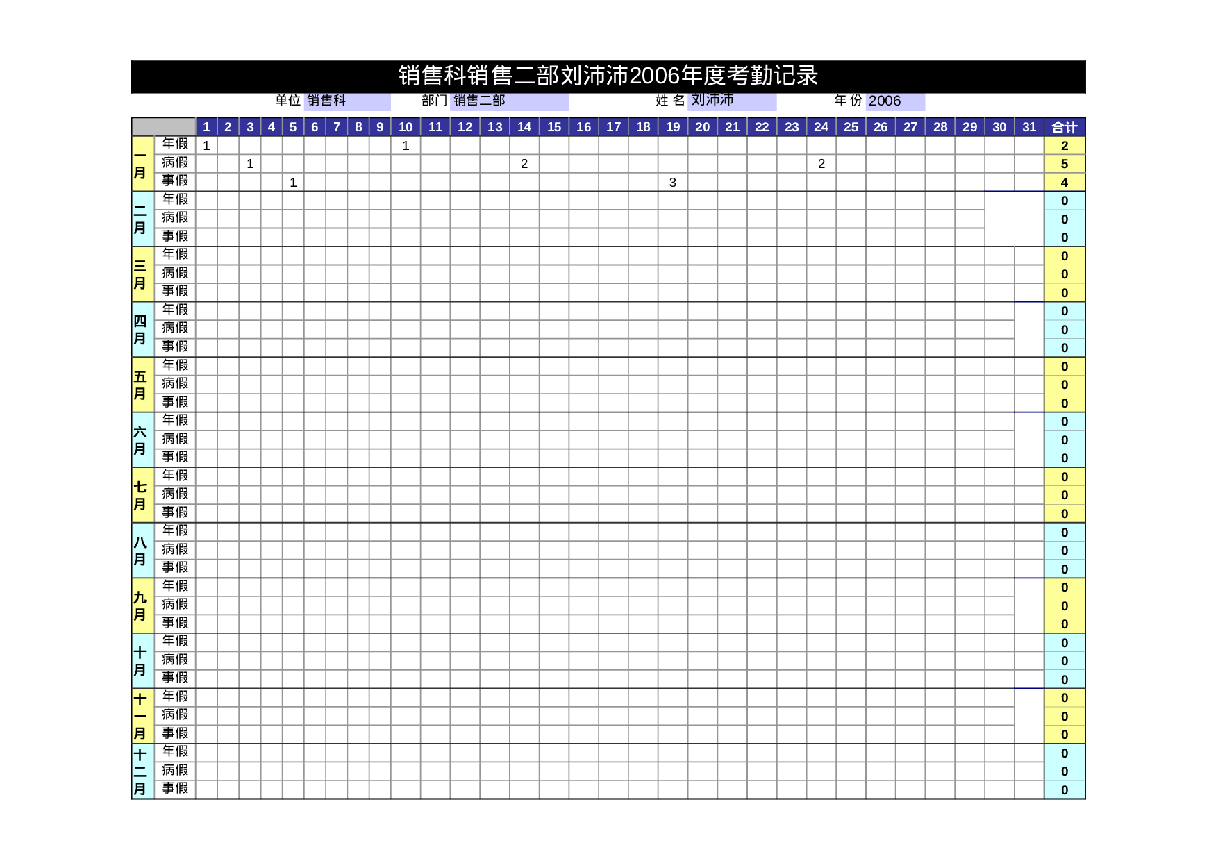 年度考勤记录表.xls 第1页