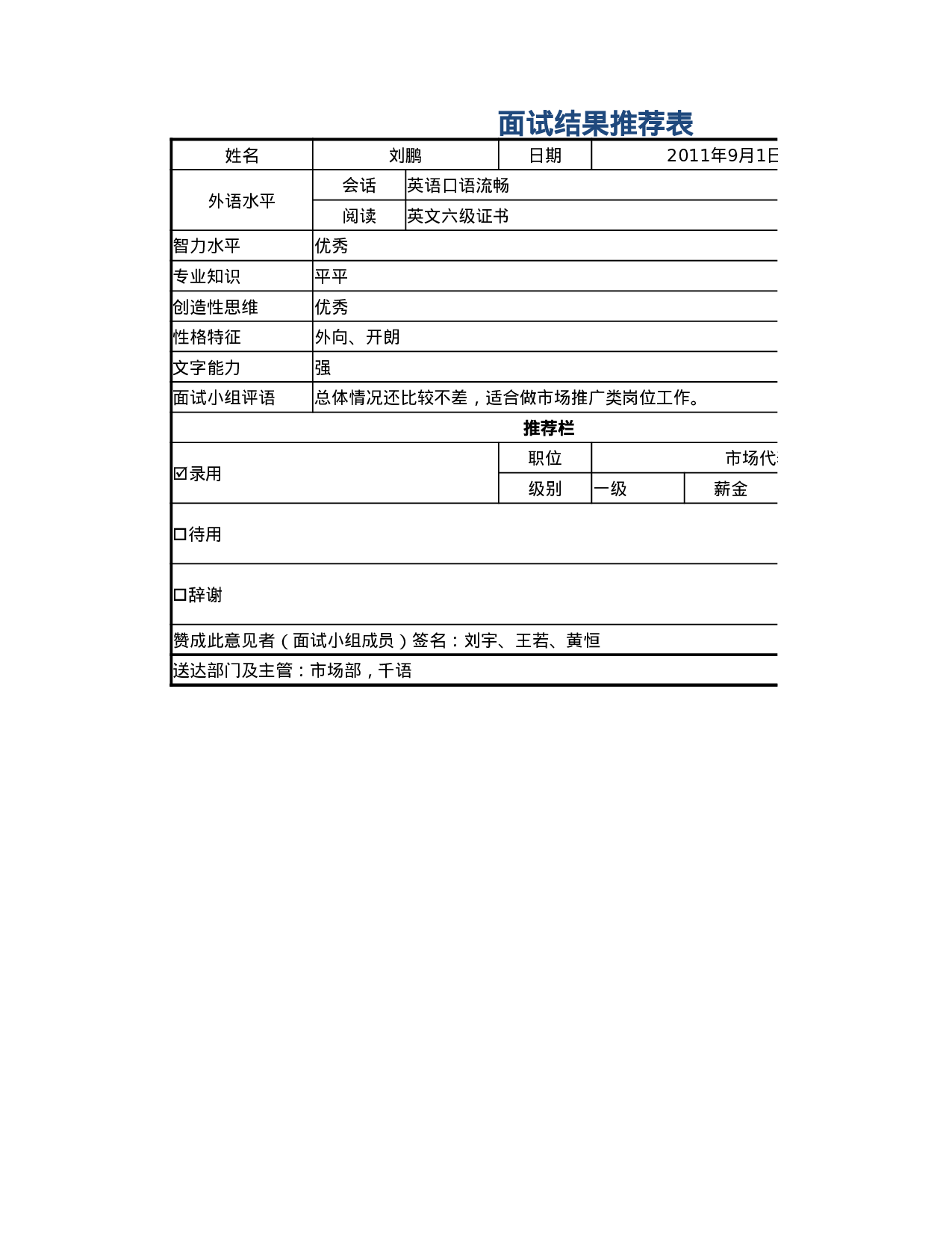 文件39  面试结果推荐表.xlsx 第1页