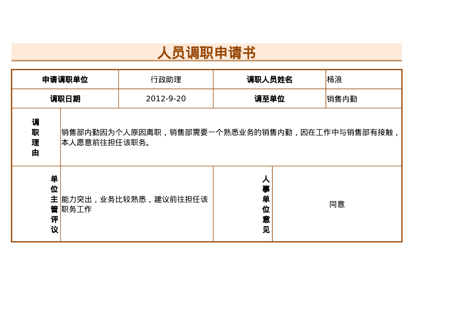人员调职申请书.xlsx 第1页