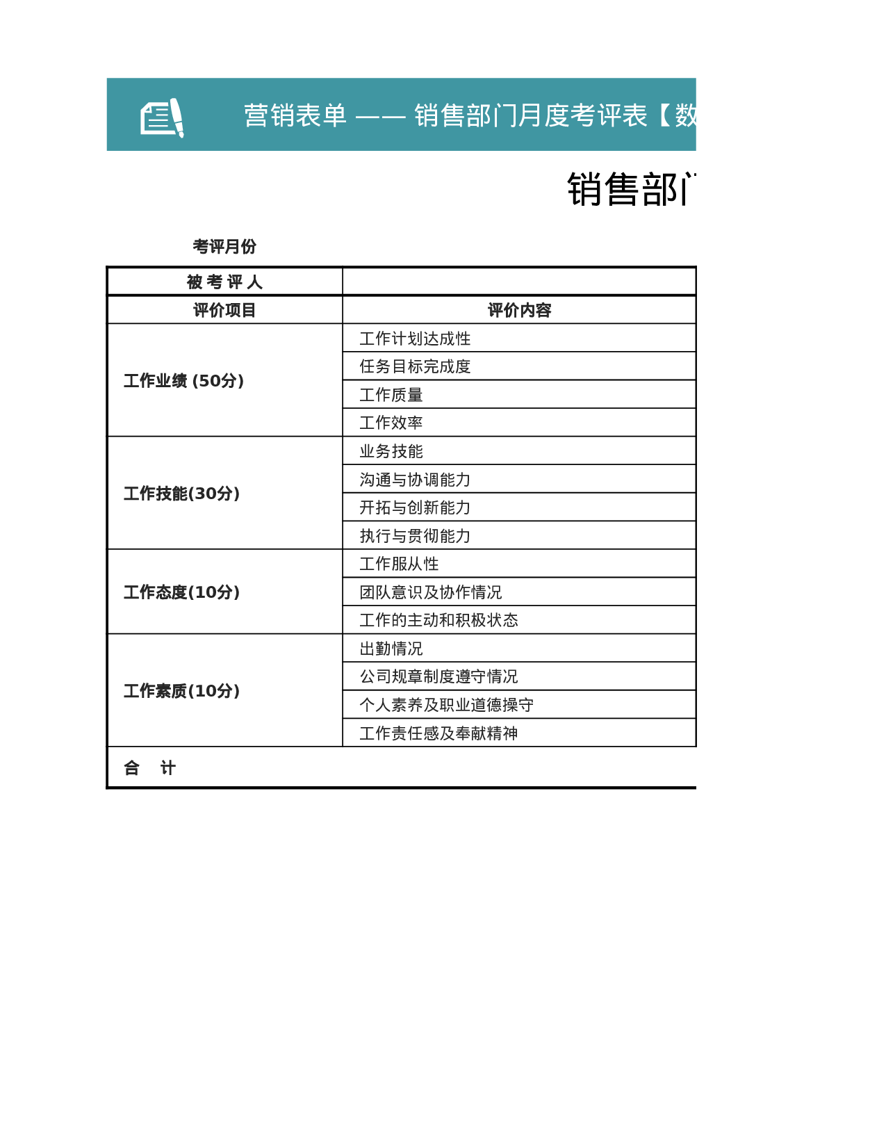 部门月度考评表营销表单Excel图表.xlsx 第1页