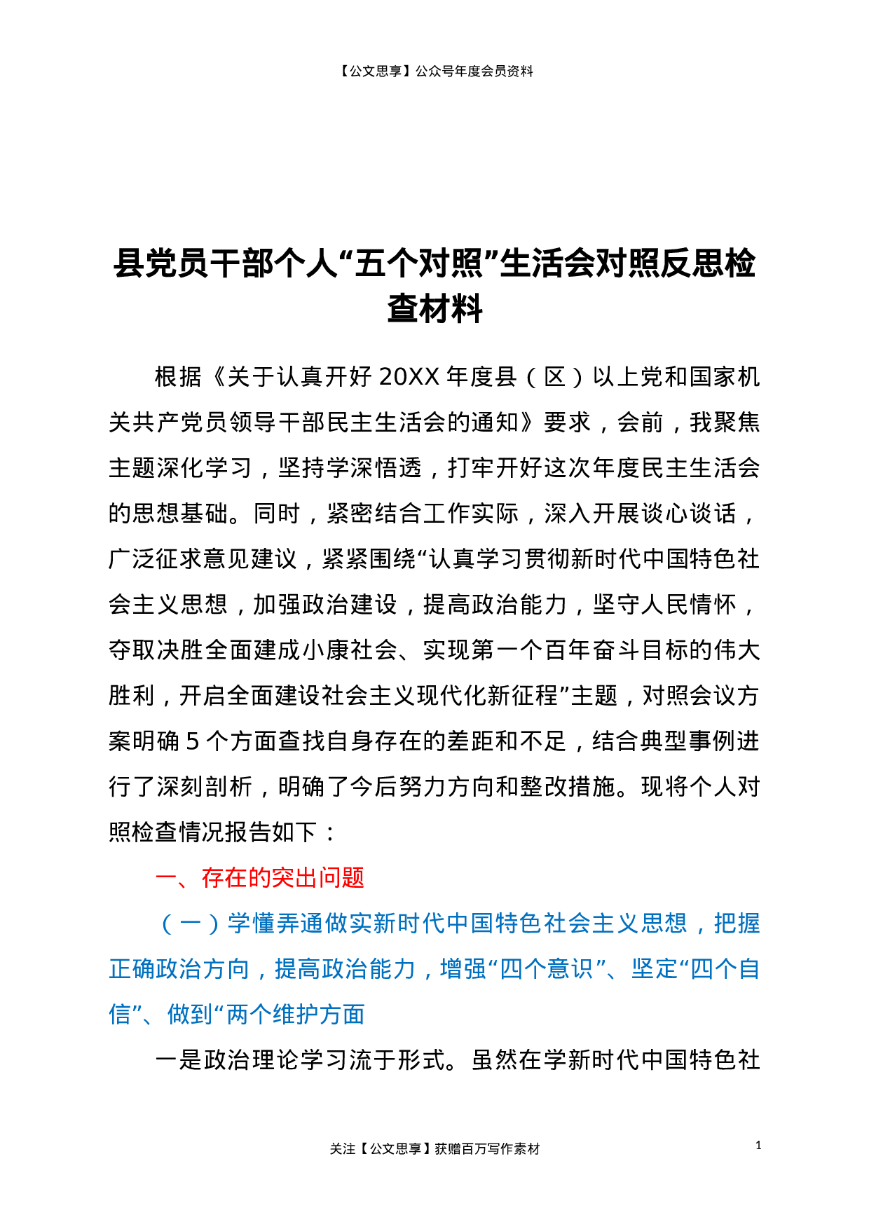 县党员干部个人“五个对照”生活会对照反思检查材料.doc 第1页