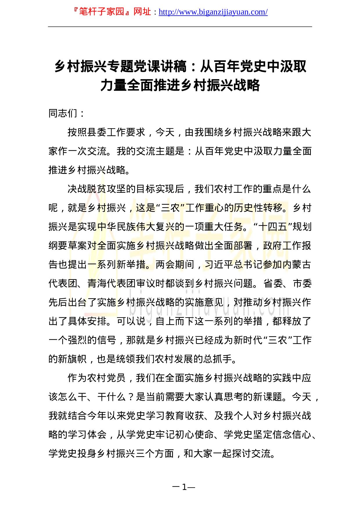 13848乡村振兴专题党课讲稿从百年党史中汲取力量全面推进乡村振兴战略）.doc 第1页