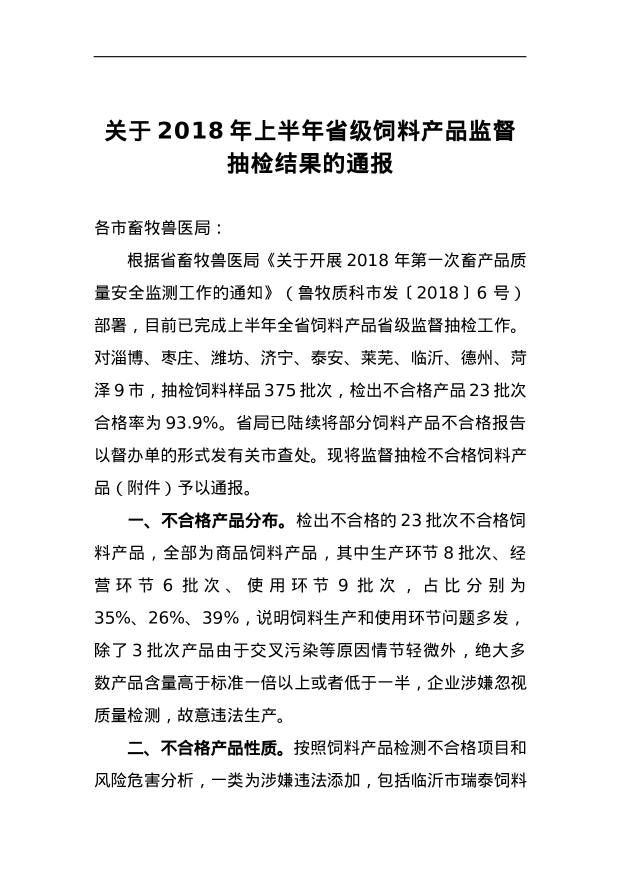 关于2023年上半年省级饲料产品监督抽检结果的通报.docx 第1页