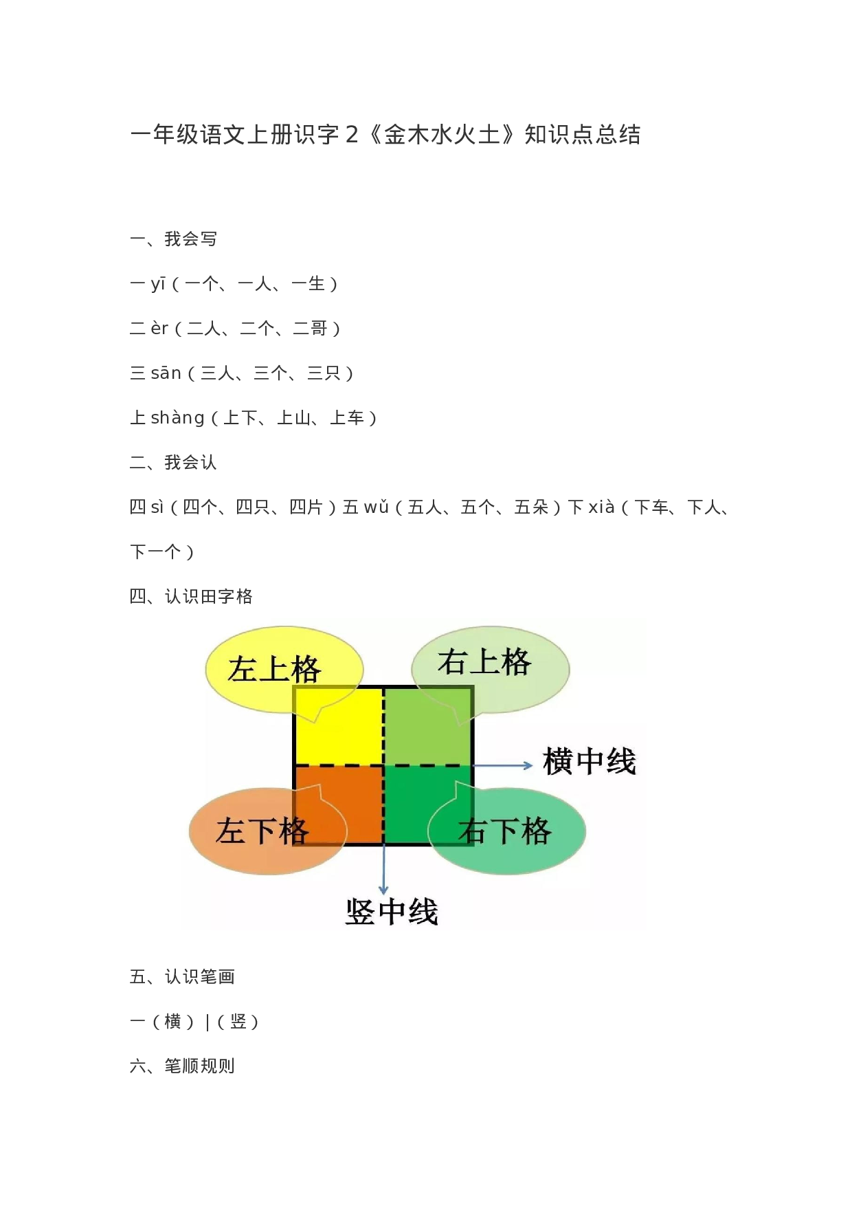 一（上）语文识字2《金木水火土》知识点总结.docx 第1页