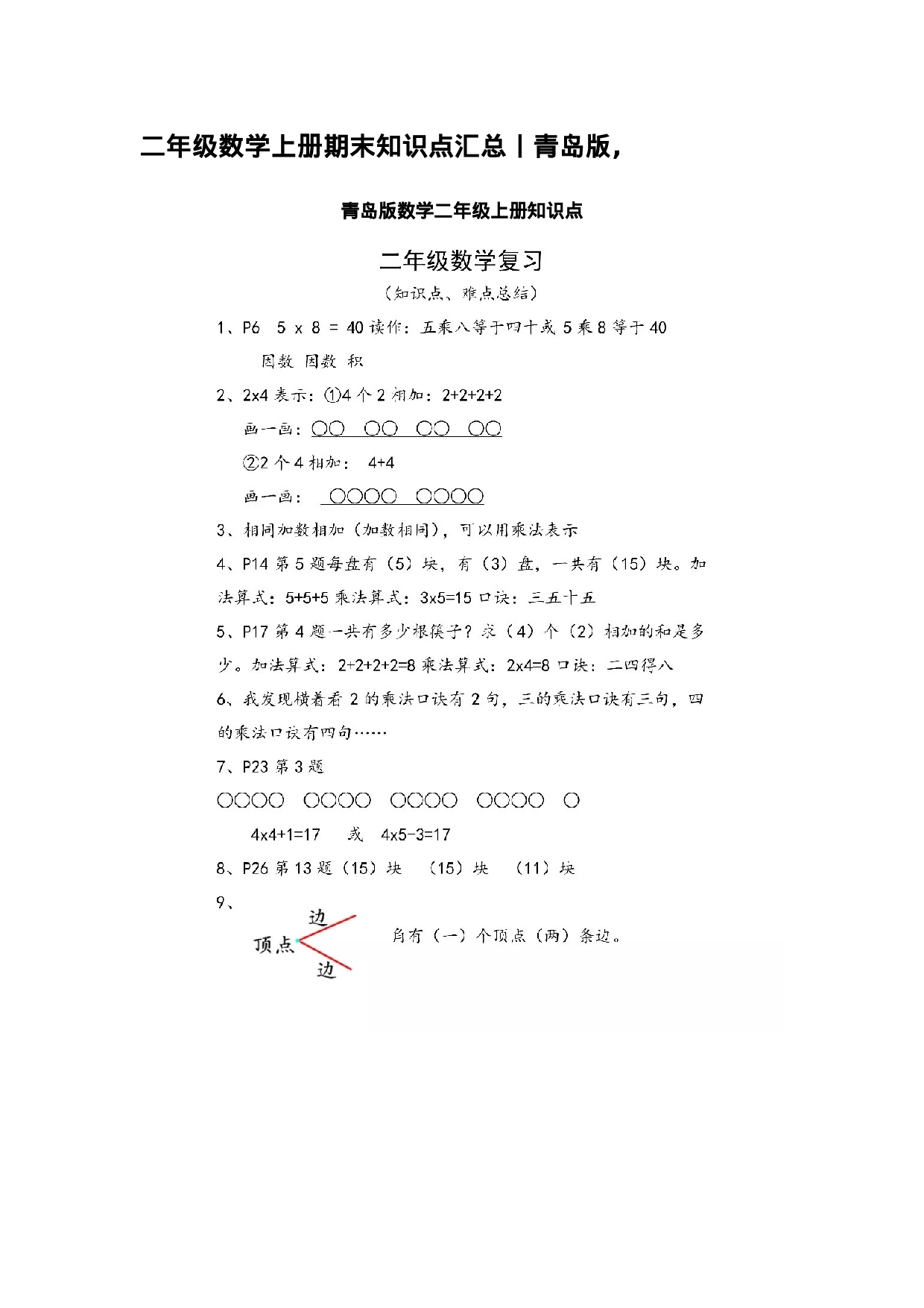 二（上）青岛版数学重点知识点预习.docx 第1页