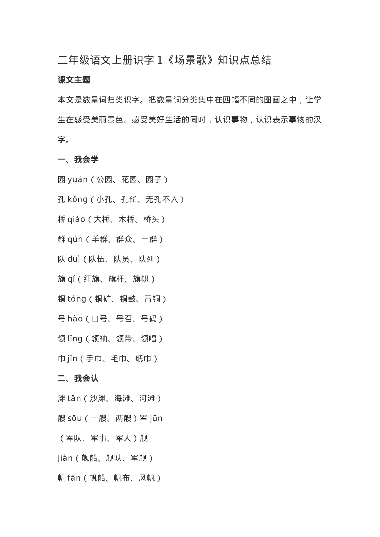 二（上）语文识字1《场景歌》重点及主题归纳.docx 第1页