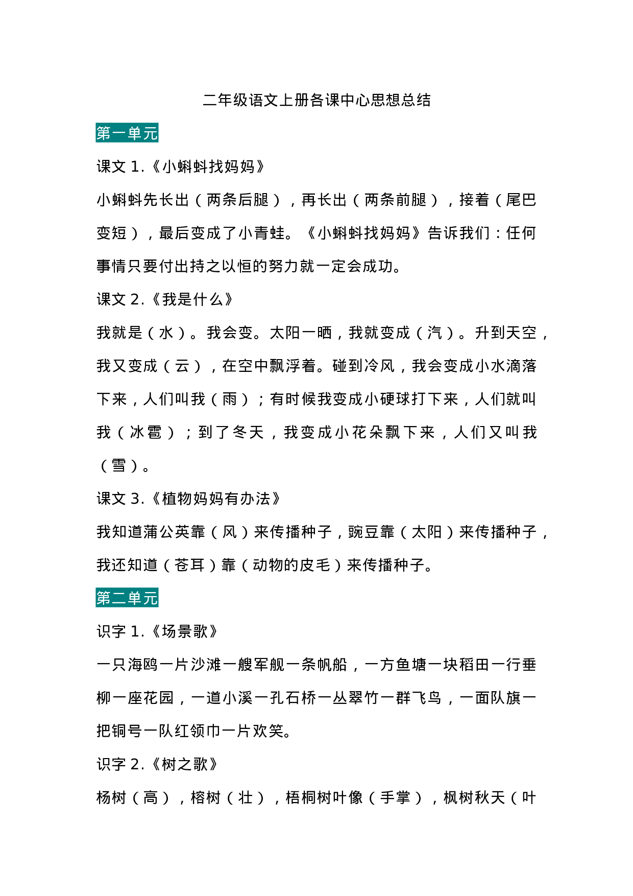 二（上）语文期末 全册各课中心思想.docx 第1页