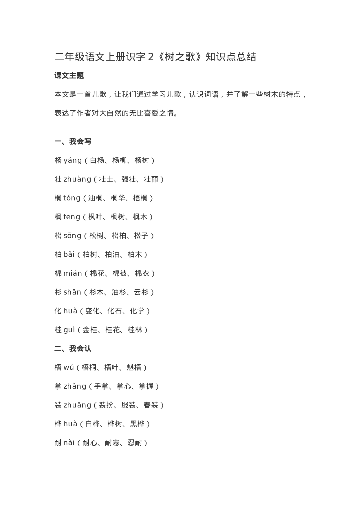 二（上）语文上识字2《树之歌》重点及主题归纳.docx 第1页