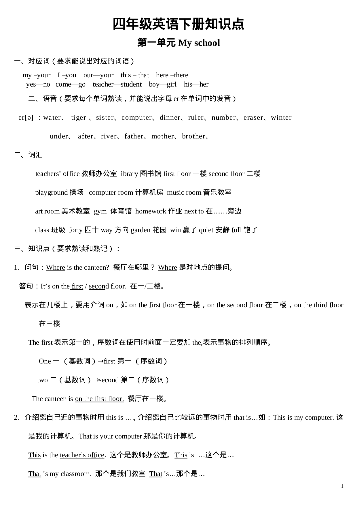 人教版pep四年级英语下册知识点归纳.doc 第1页