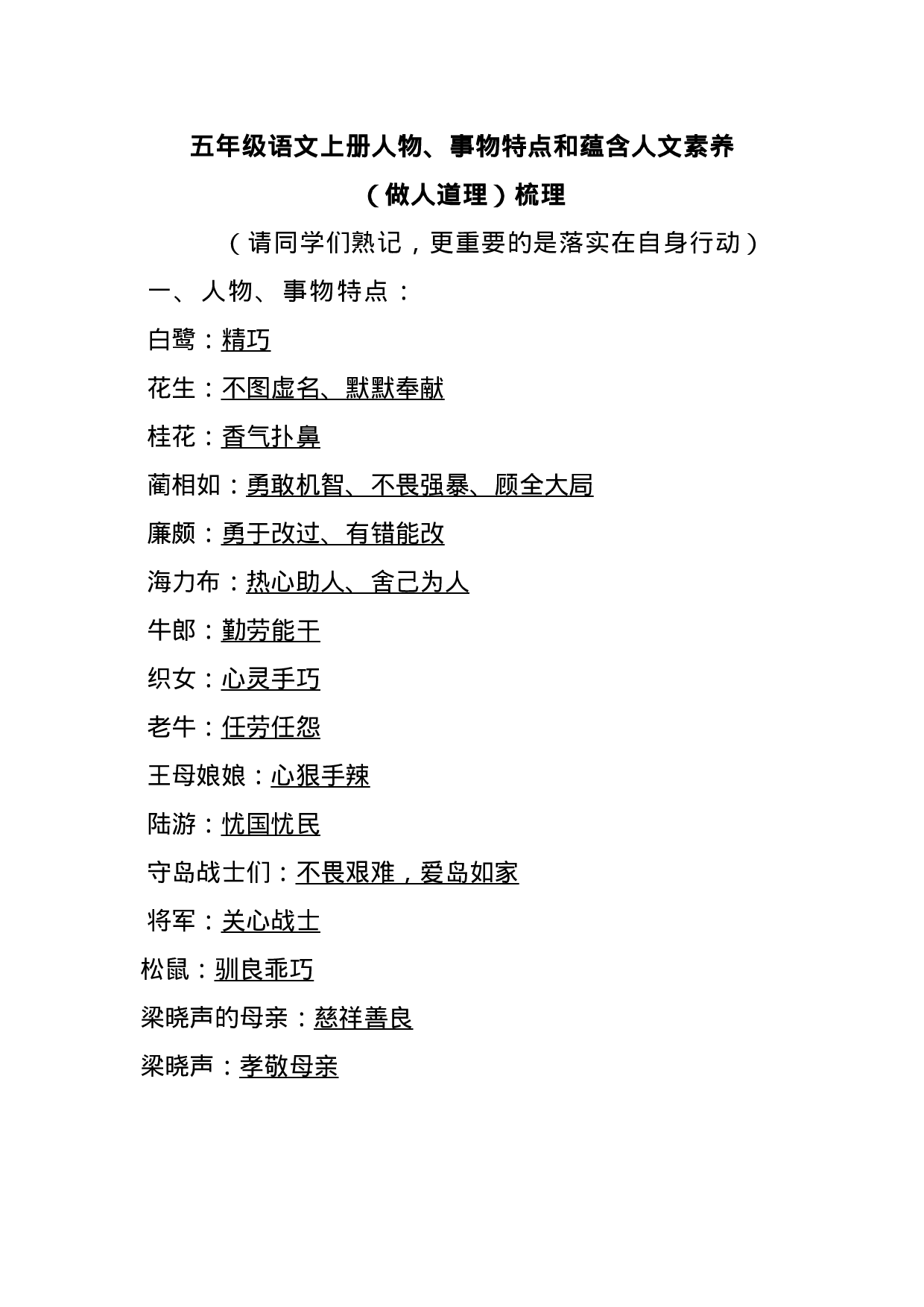 五（上）语文期末：人物.事物特点和蕴含人文素养（做人道理）.docx 第1页