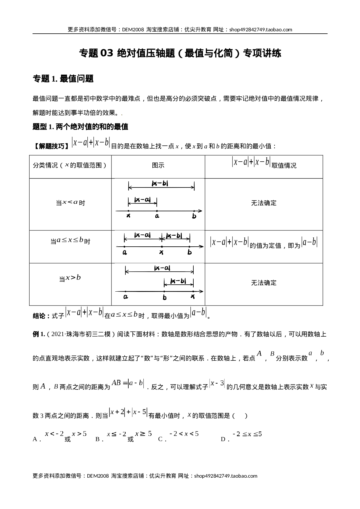 专题03 绝对值压轴题（最值与化简）专项讲练（人教版）（原卷版）(1).docx 第1页