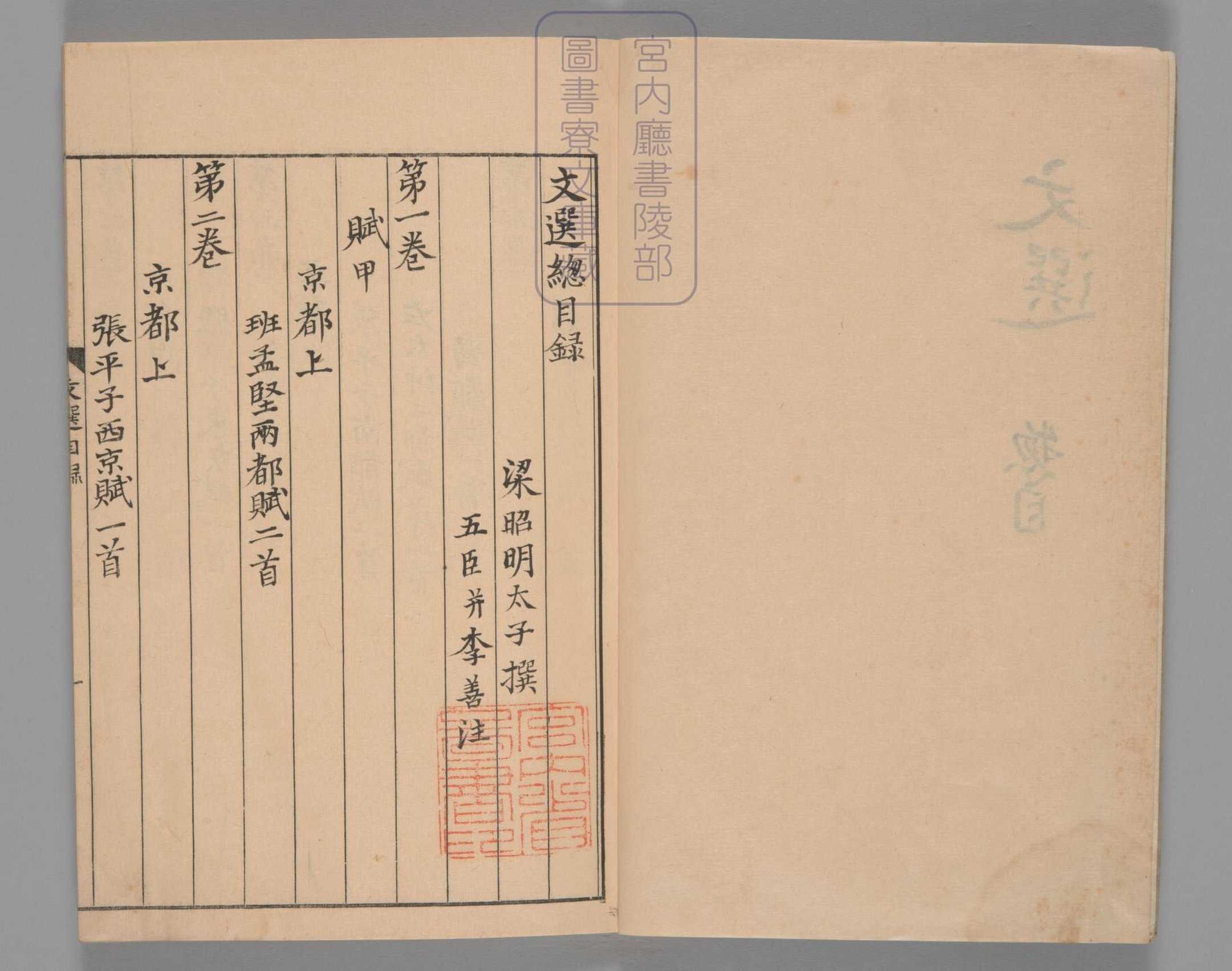 文选.60卷.目1卷.重存卷1至2.梁.萧统.编.唐五臣.吕延济.刘良.张铣.吕向.李周翰.并李善注.南宋初明州刊本.南宋递修_部分1.pdf 第3页