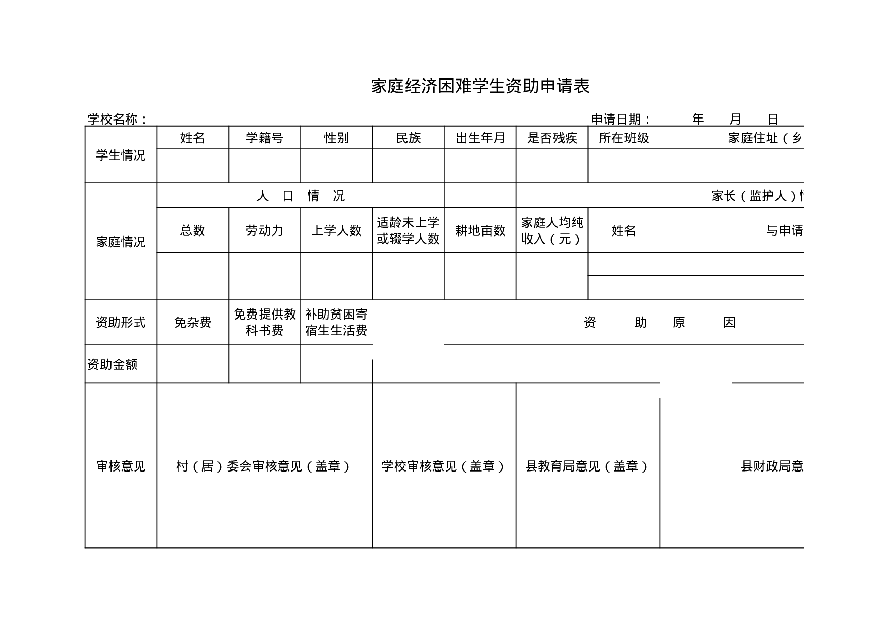 家庭经济困难学生资助申请表.xls 第1页