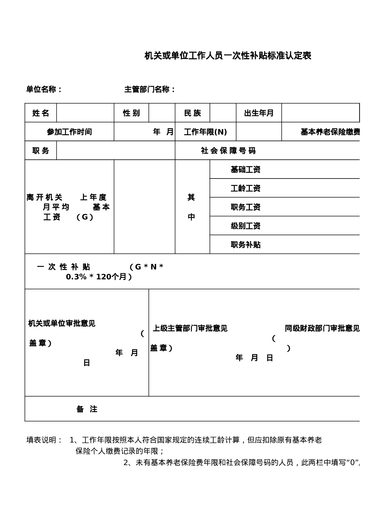 机关或单位工作人员一次性补贴标准认定表.xls 第1页