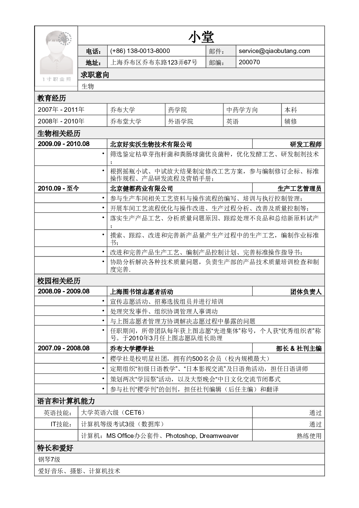 应聘生物类岗位简历模板2.pdf 第1页