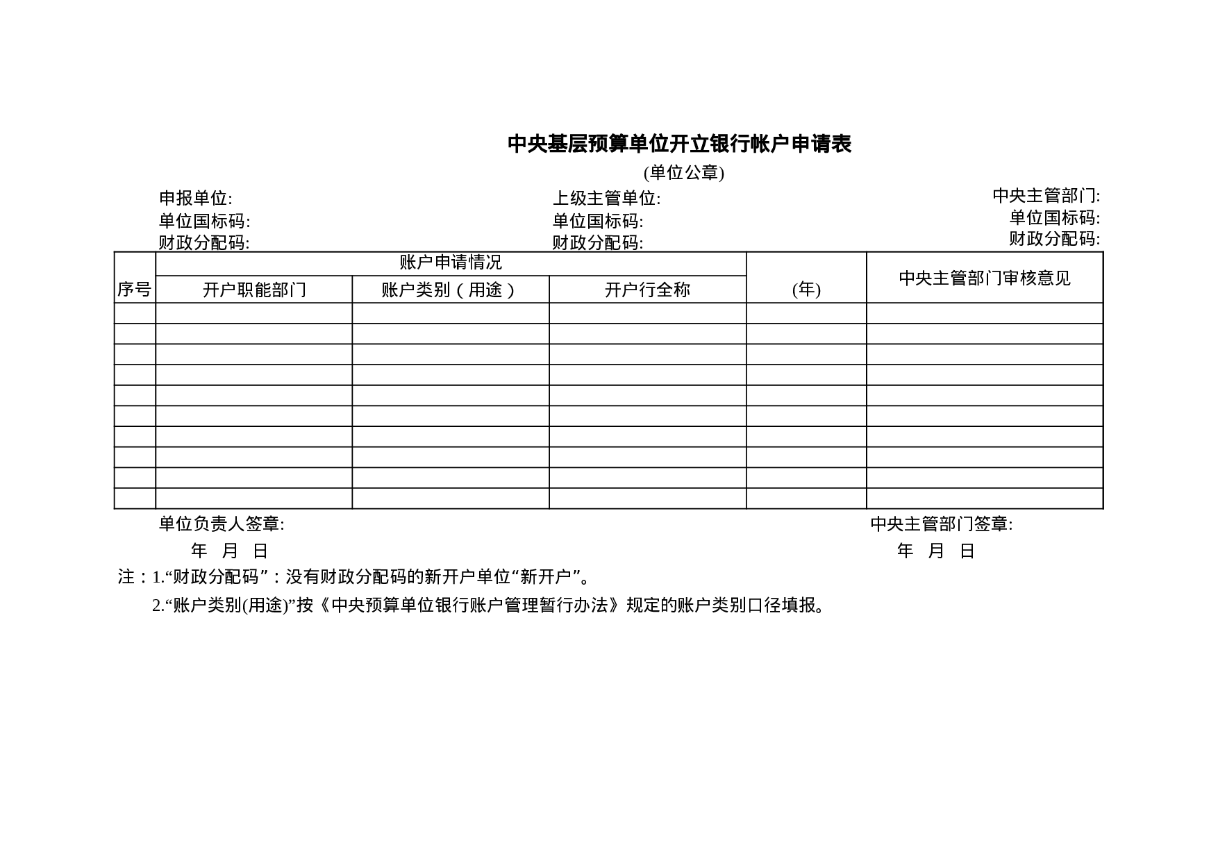 中央基层预算单位开立银行帐户申请表.xls 第1页
