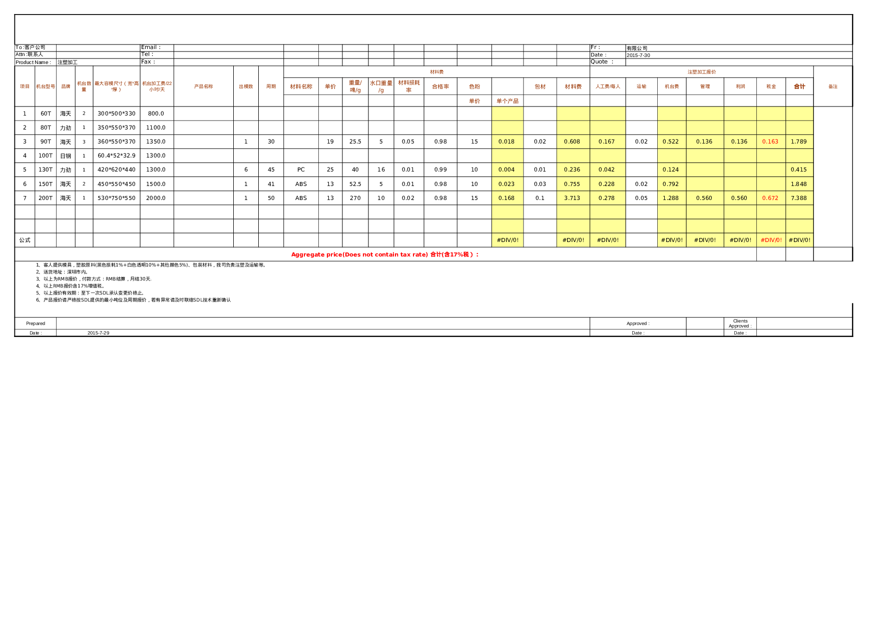 详细模具注塑报价单模板.xls 第1页