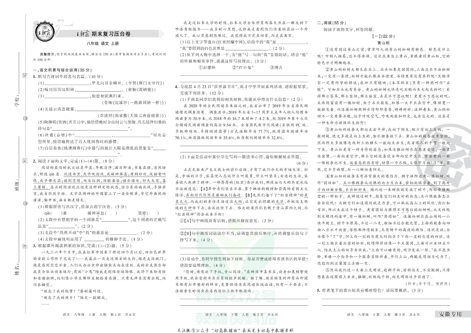 王朝霞期末复习压台卷八年级上册语文人教版安徽专用.pdf 第1页