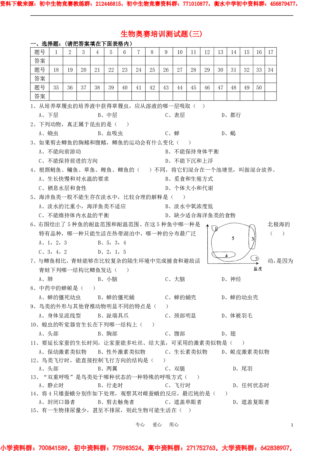 初中生物奥赛培训测试题(三).pdf 第1页