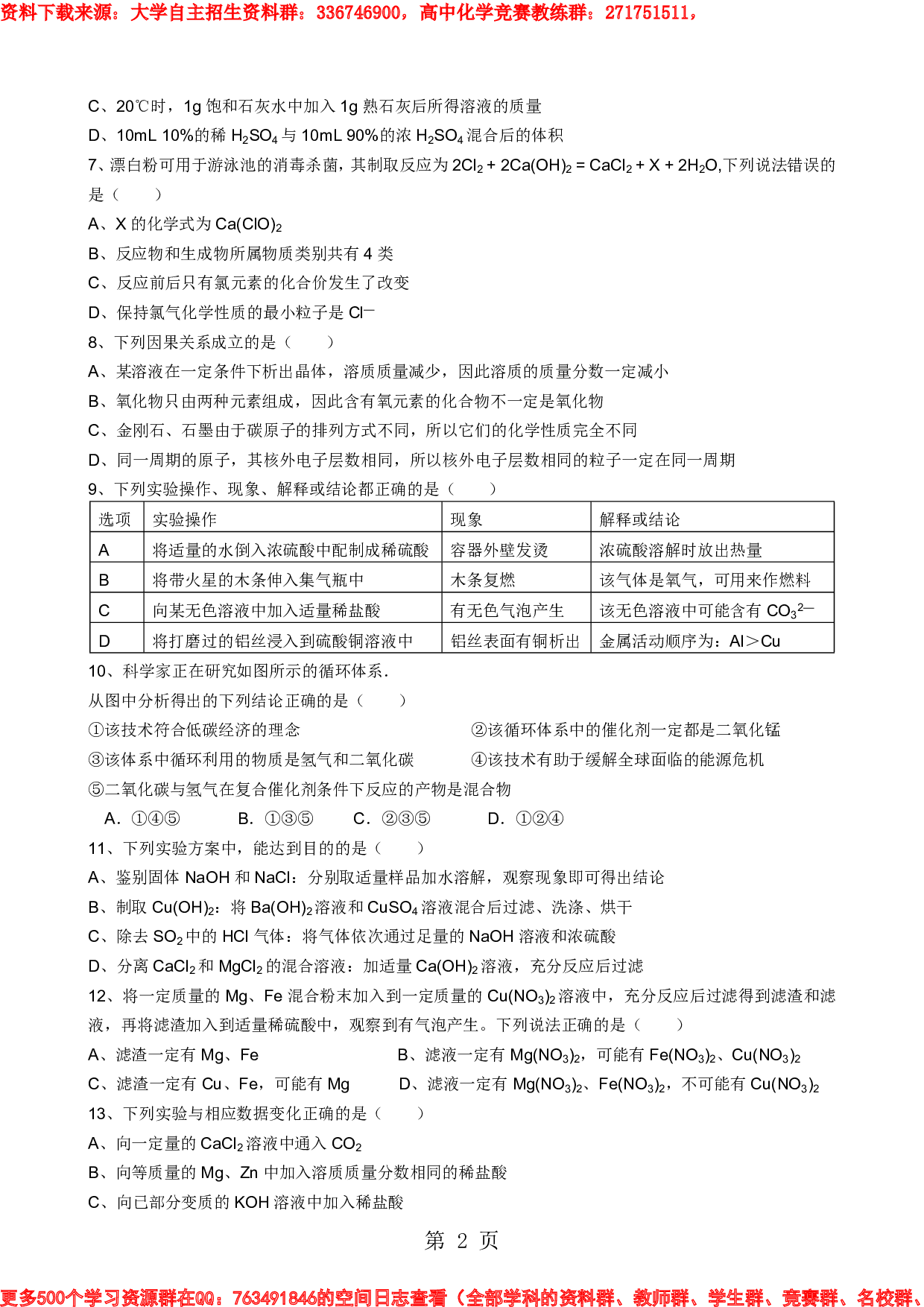 2019四川省江油中学自主招生考试-化学试题(无答案)精品教育.doc.pdf 第2页
