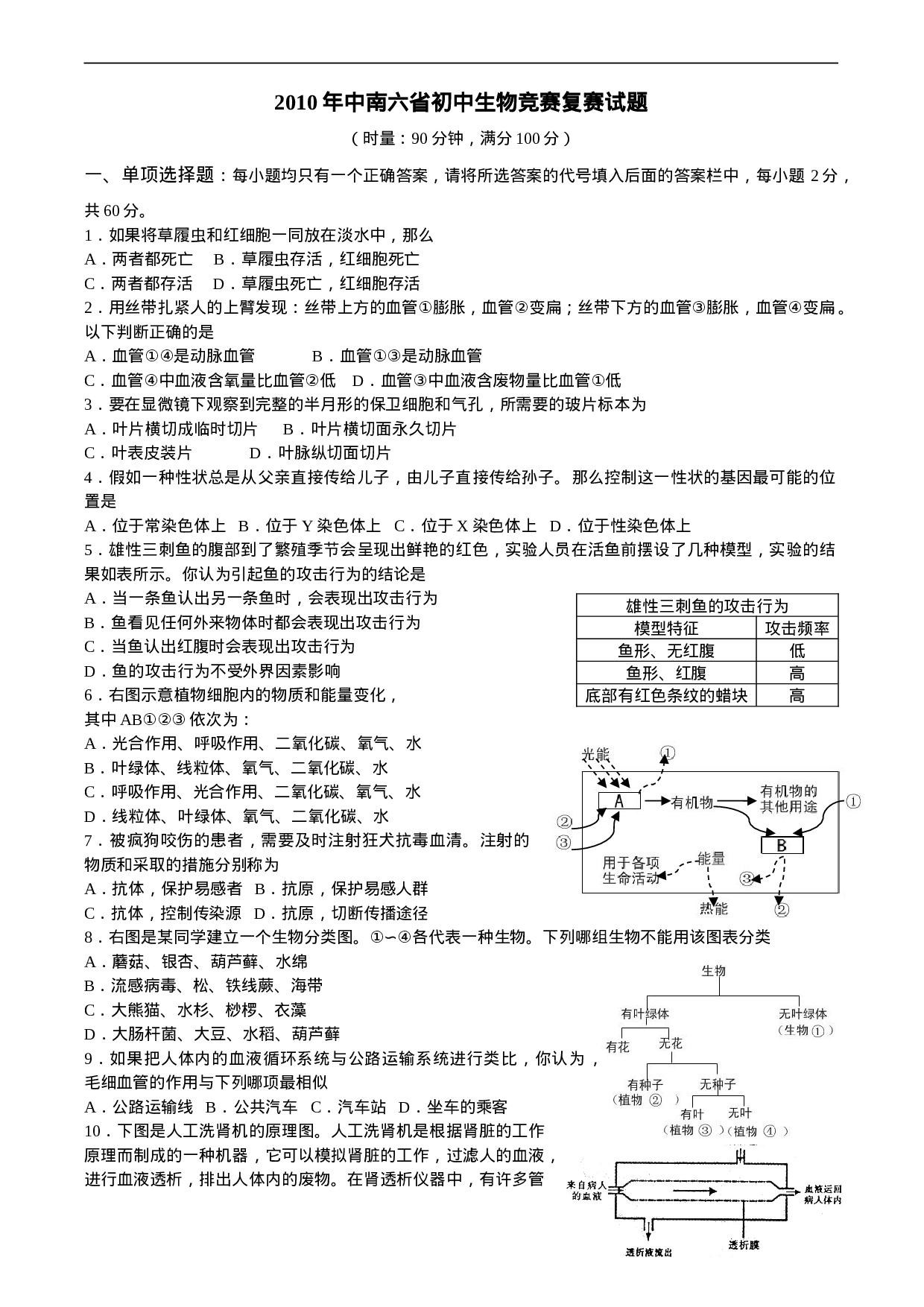 年中南六省初中生物竞赛复赛试题.doc 第1页