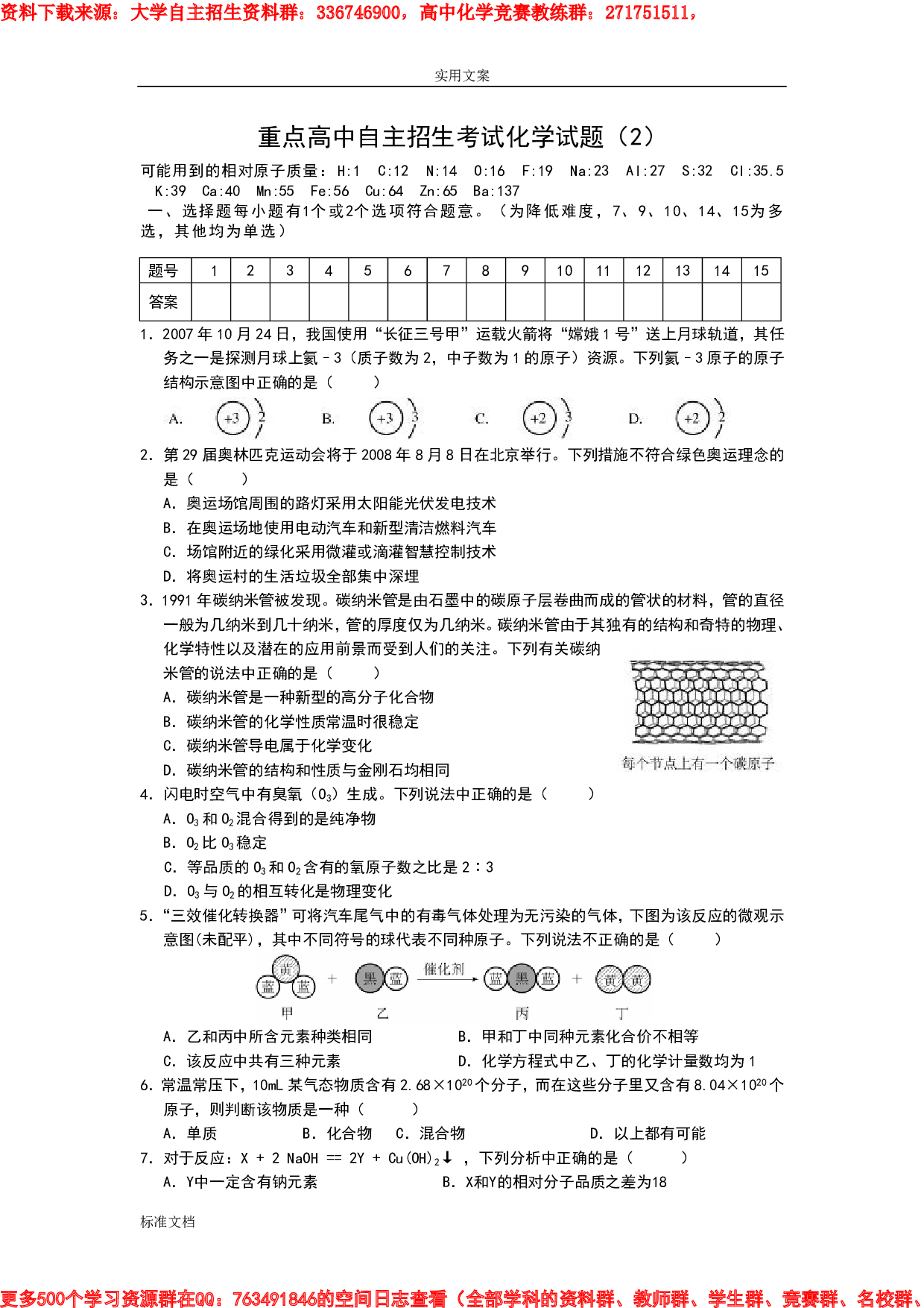 重点高中自主招生考试化学试题(2).pdf 第1页