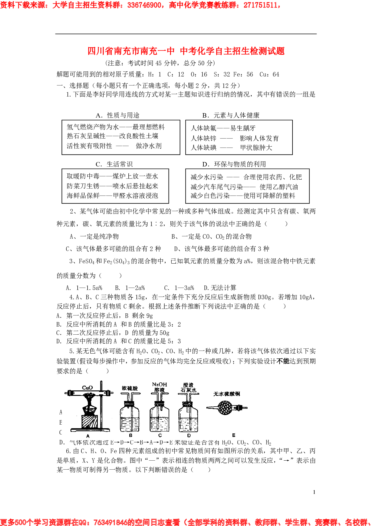 中考化学自主招生检测试题.pdf 第1页