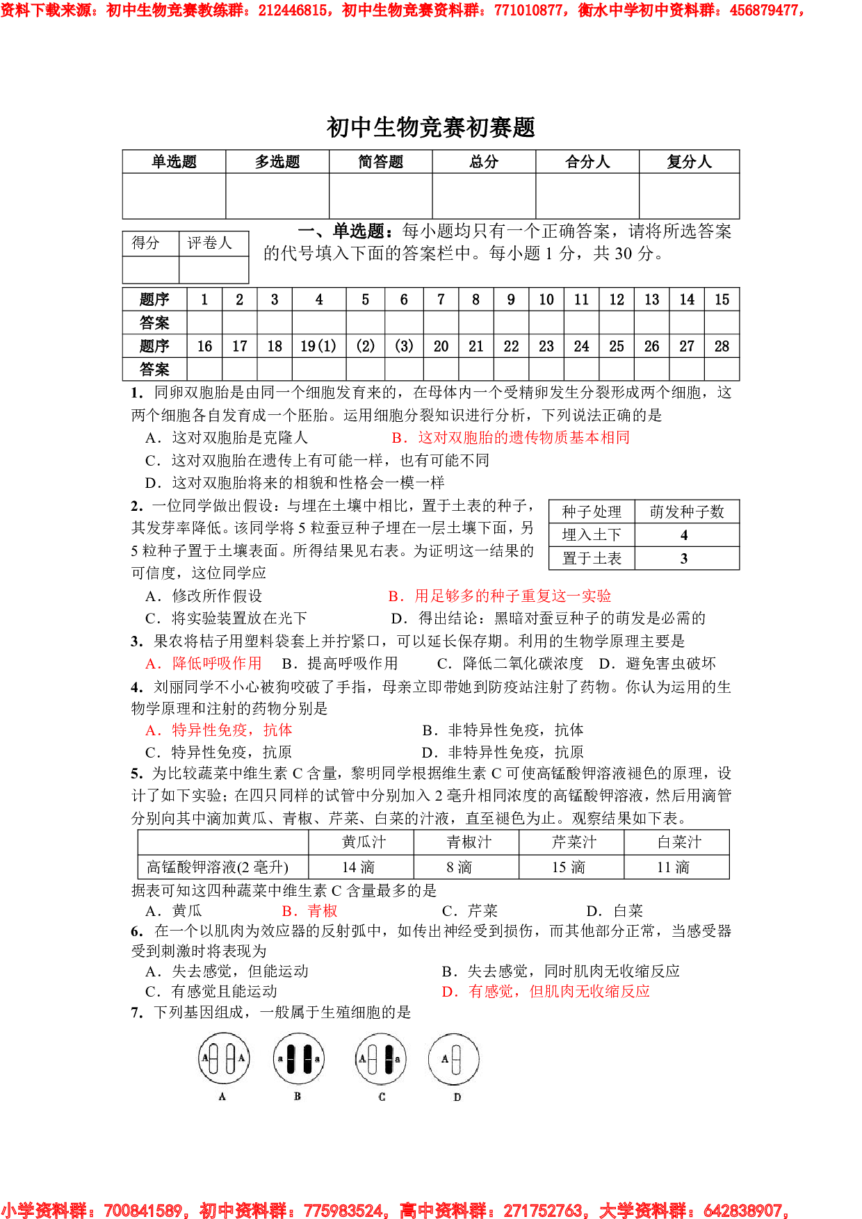 初中生物竞赛初赛题.pdf 第1页