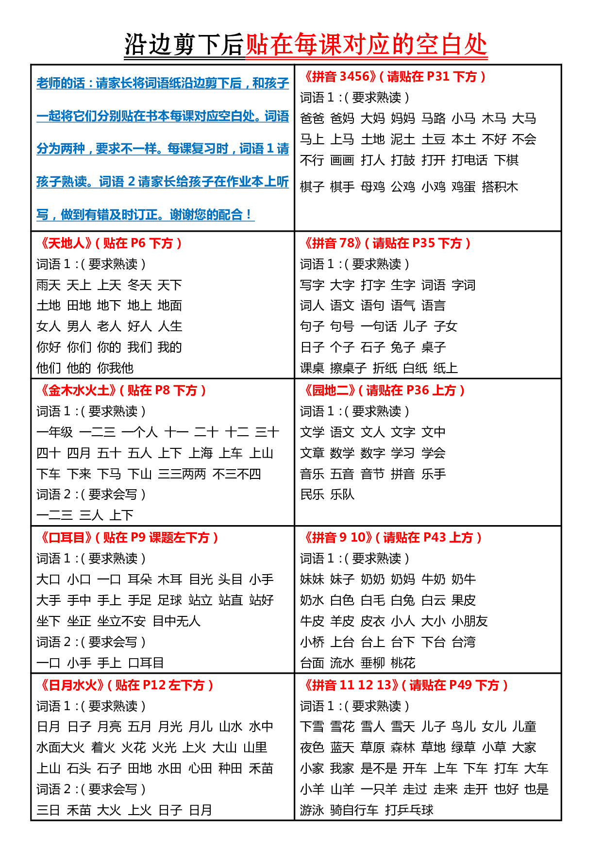 课课贴-一年级上册每课重点书贴【每课生字组词认读】剪下贴在每课空白处.pdf 第1页