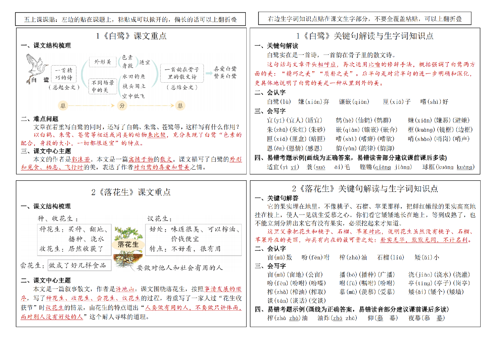 2024秋五上语文新版课课贴（课文重点+关键句解读生字词知识点12页）.pdf 第1页