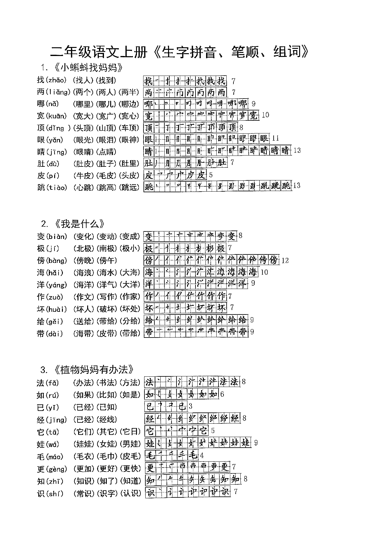 8.30二年级语文上册课课帖《生字拼音笔顺组词》.pdf 第1页