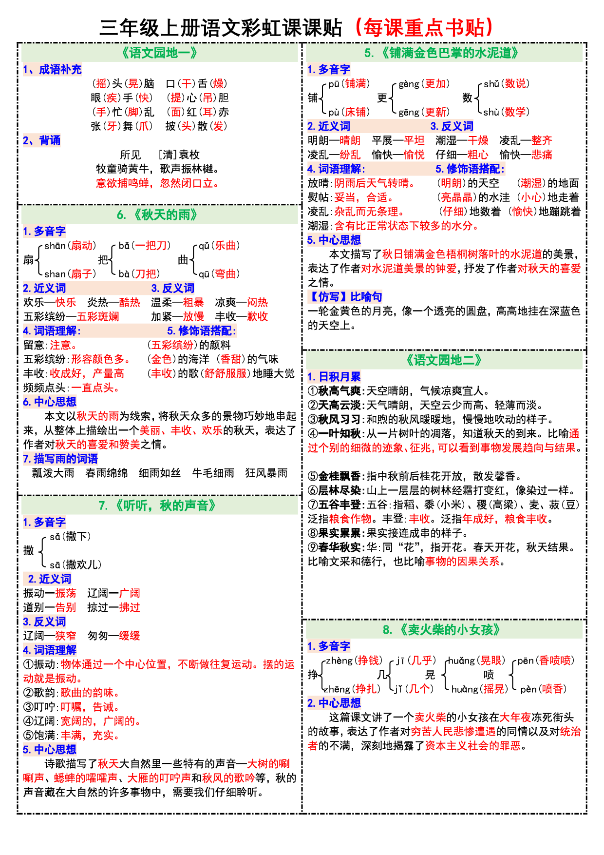 8.30 三年级上册语文彩虹课课贴（每课重点书贴）（1-8课）.pdf 第2页